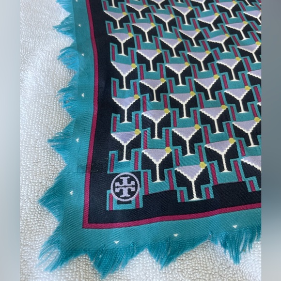 Tory Burch Martini Glass Art Deco Silk Neckerchief Square Scarf - 18” X 18” 💙🩵 - Picture 10 of 16
